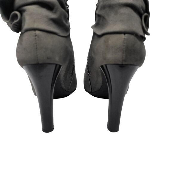 Vtg DKNY Vegan Faux Suede Gray Wynette Ankle Boots Sz 6 Heel Bow Booties - Picture 9 of 11